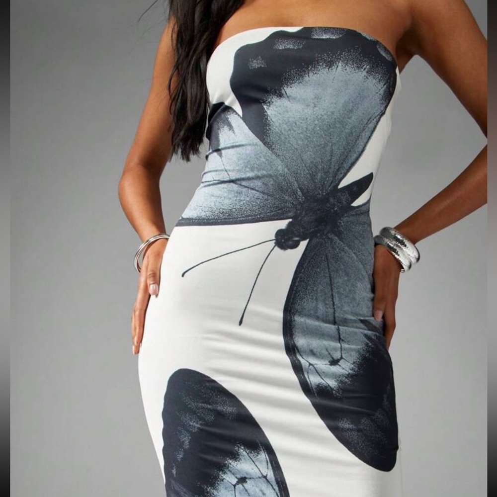 77) MISSGUIDED Butterfly Print Strapless  Bodycon maxi dress NWT large - Picture 4 of 6